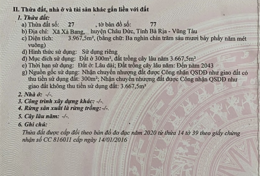 Bán đất, xã Xà Bang, huyện Châu Đức, tỉnh Bà Rịa - Vũng Tàu. DT: 4700m2 (2 sổ). 24m x 160m. Có 300m2 thổ cư. Giá: 7,05 tỷ. 